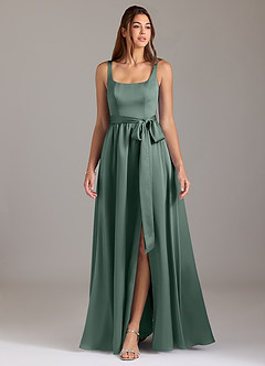 Azazie Elliott Bridesmaid Dresses Sea Moss A-Line with Pockets Stretch Satin Dress image3