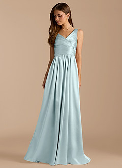 Azazie Keyla Bridesmaid Dresses Mist A-Line Pleated Metallic Satin Dress image3