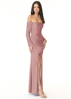 Azazie Hallie Bridesmaid Dresses Dusty Rose Sheath Off-The-Shoulder Long Sleeve Stretch Satin Convertible Dress image4