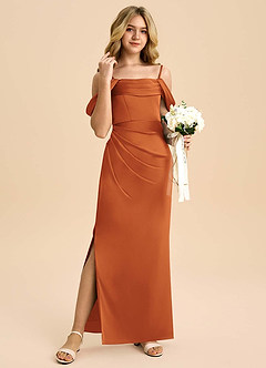 Azazie Saige Junior Robe Fourreau en Satin extensible Épaule décolletée Cannelle image4