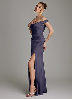 Azazie Teyana Bridesmaid Dresses Stormy Sheath Off the Shoulder Stretch Satin Dress image6