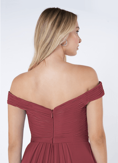 Azazie Audrianna At-home Try On Dresses Burgundy A-Line Off-The-Shoulder Gathered Chiffon Convertible Dress image6