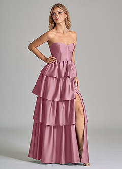 Azazie Faye Vestidos de madrinha de casamento Vestido Vintage Malva de Cetim elástico de Linha A com Ruched image1