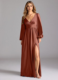 Azazie Norah Brautjungfernkleider A-Linie Stretch-Satin Kleid Rotbraun image1