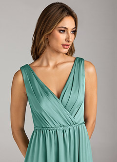 Azazie Tanicia Bridesmaid Dresses Aqua A-Line Pleated Stretch Satin Dress image6