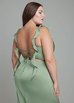 Azazie Jessamine Bridesmaid Dresses Matcha Sheath Corset Stretch Satin Dress image13