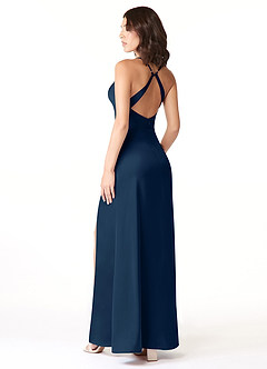 Azazie Geanna Vestidos de damas de honor Vestido de Azul Marino Oscuro de Satén Elástico de Corte Recto con Cuello en V Plisado image4