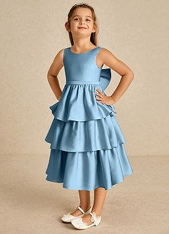 Azazie Margery vestidos de niña de las flores Vestido de Azul Acero de Satén Elástico de Corte En A con Lazo image3