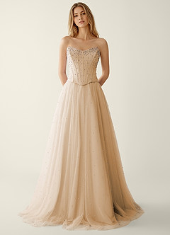 champagne two piece prom dress Maevego Champagne Two-piece Rhinestone Sequin Embroidery Tulle Prom Dress