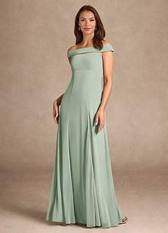 Azazie Ewa Mother of the Bride Dresses Dusty Sage A-Line Off the Shoulder Mesh Dress image1
