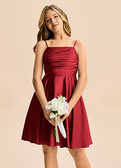 Azazie Miko Junior Scarlet A-Line Pleated Stretch Satin Dress image6