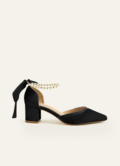 front Satin-Pumps mit spitzer Spitze und Blockabsatz, Perlen und Schleife