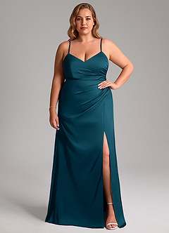 Azazie Azuree Bridesmaid Dresses Ink Blue A-Line Pleated Stretch Satin Dress image11