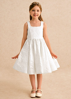 Azazie Honeybun Flower Girl Dresses Ivory A-Line Bow Floral Jacquard Dress image4