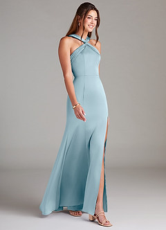 Azazie Rue Bridesmaid Dresses Moody Blue A-Line Pleated Stretch Satin Dress image4