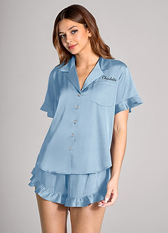 front Matching Color Personalized Embroidered Name Ruffled Short Sleeve Pajama Set