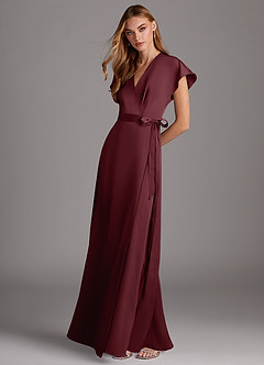 Azazie Nico Bridesmaid Dresses Cabernet A-Line V-Neck Stretch Satin Dress image4