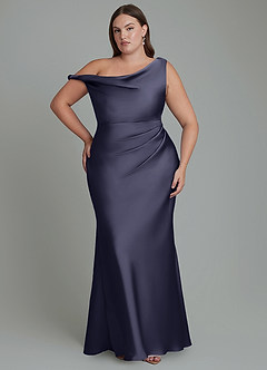 Azazie Emerson Robes de demoiselle d'honneur Robe Sirène en Satin extensible Épaules dénudées Bleu Orageux image8