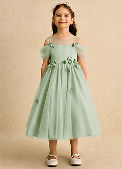 Azazie Juni Flower Girl Dresses Dusty Sage Ball-Gown Pleated Tulle Dress image5