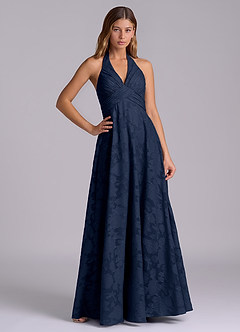 Azazie Tessie Brudtärnklänningar Klä av A-Linje i Blommig Utbrändhet Plisserad Mörk Marinblå image1