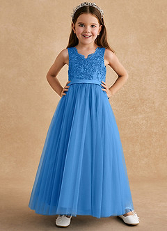 Azazie Cinna Flower Girl Dresses Blue Jay A-Line Lace Tulle Dress image1
