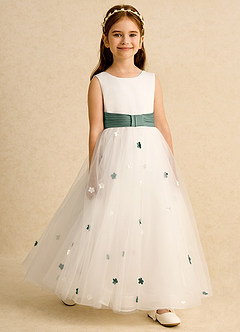 Azazie Cricket vestidos de niña de las flores Vestido de Marfil Eucalipto de Satin Mate de Princesa con Plisado image3