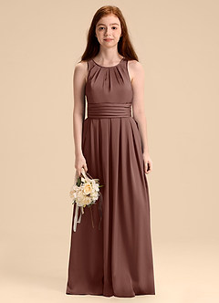 Azazie Bibiane Junior Espresso A-Line Pleated Stretch Satin Dress image6