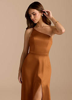 Azazie Trina Jurken voor bruidsmeisjes Jurk van Metaalachtig Satijn met A-Lijn One-Shoulder Koper image7