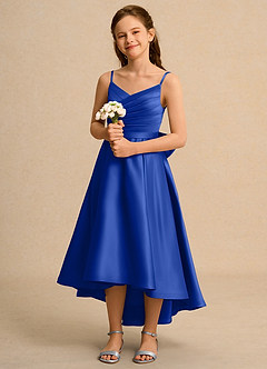 Azazie Sweets Junior Formal Flower Girl Dresses Royal Blue A-Line Pleated Matte Satin Dress image1