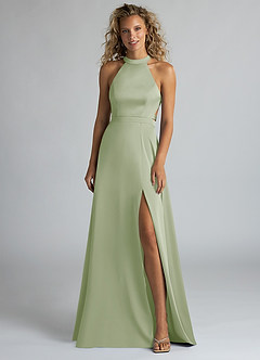 Azazie Clarice Bridesmaid Dresses Dusty Sage A-Line High Neck Stretch Satin Dress image4