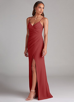 Azazie Maci Bridesmaid Dresses Rust Sheath Pleated Chiffon Dress image3