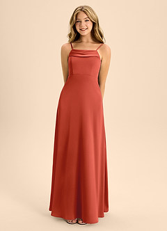 Azazie Anselie Junior Rust A-Line Off the Shoulder Stretch Satin Dress image4