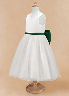Azazie Seline Flower Girl Dresses Ivory Dark Green A-Line Bow Tulle Dress image8