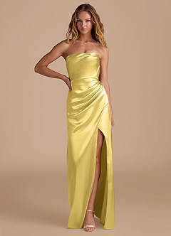 Azazie Leonis Bridesmaid Dresses Canary Mermaid Pleated Metallic Satin Convertible Dress image1