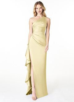 Azazie Latrice Bridesmaid Dresses Lemon Sorbet Sheath One Shoulder Cascading Ruffles Stretch Satin Dress image1