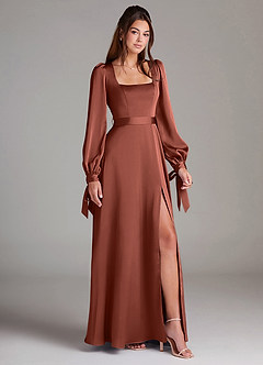 Azazie Leonia Bridesmaid Dresses Auburn A-Line Long Sleeve Stretch Satin Dress image3