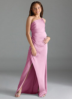 Azazie Eren Junior Candy Pink Sheath Pleated Stretch Satin Dress image3