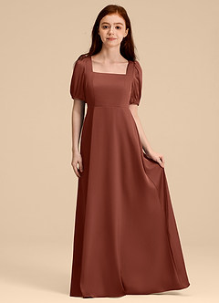 Azazie Briar Junior Robe Trapèze en Satin extensible Arc Auburn image3