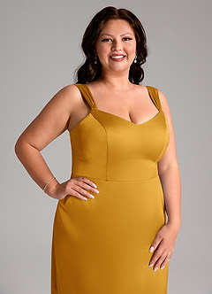 Azazie Denice Bridesmaid Dresses Butterscotch Sheath Pleated Stretch Satin Dress image7