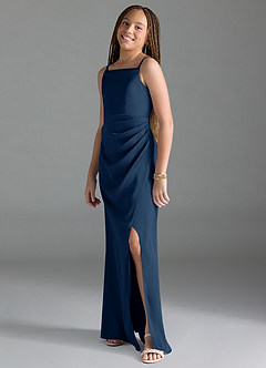 Azazie Leonis Junior Dark Navy A-Line Pleated Stretch Satin Dress image4