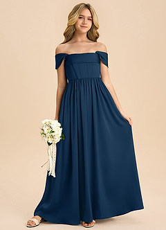 Azazie Hattie Junior Abito A-Line in Raso Elasticizzato Plissettato Marino Scuro image3