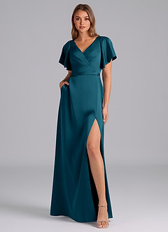 Azazie Ambrosia Robes de demoiselle d'honneur Robe Trapèze en Satin extensible Plissée Bleu Encre image6