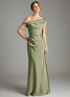Azazie Emerson Bridesmaid Dresses Garden Sage Mermaid Off the Shoulder Stretch Satin Dress image1