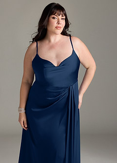 Azazie Brielle Robes de demoiselle d'honneur Robe Trapèze en Satin extensible Bretelles spaghetti Bleu Marine Foncé image11