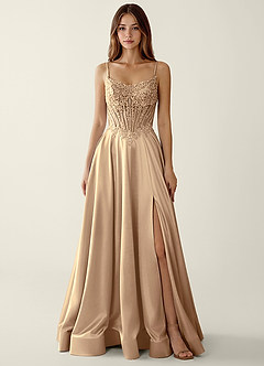 Zuri Champagne Satin Wrap Beaing Corset A-line Prom Dress image5