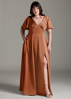 Azazie Kimber Bridesmaid Dresses Copper A-Line Ruched Stretch Satin Dress image7
