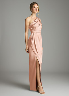Azazie Emorie Bridesmaid Dresses Rose Gold Sheath One Shoulder Stretch Satin Dress image4