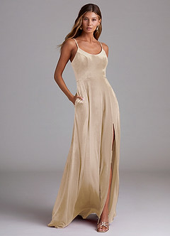 Azazie Moira Bridesmaid Dresses Champagne A-Line with Pockets Velvet Dress image1