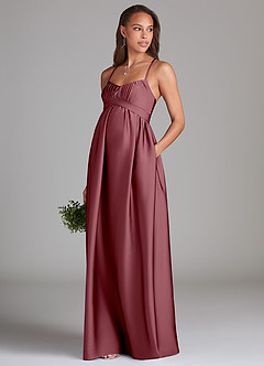 Azazie Llana Robes de demoiselle d'honneur de maternité Robe Trapèze avec poches Longueur ras du sol Satin extensible image3