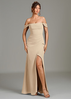 Azazie Jalice At-home Try On Dresses Champagne Mermaid Off the Shoulder Chiffon Dress image3